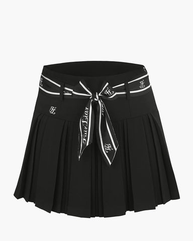 FairLiar 23SS Highwaist Pleats Skirt with Floral Belt BLACK