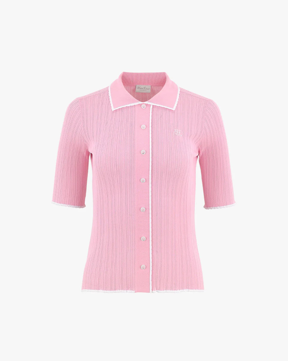 FAIRLIAR WOMEN SCALLOP COLLAR CROPPED SLEEVE KNIT TOP PINK
