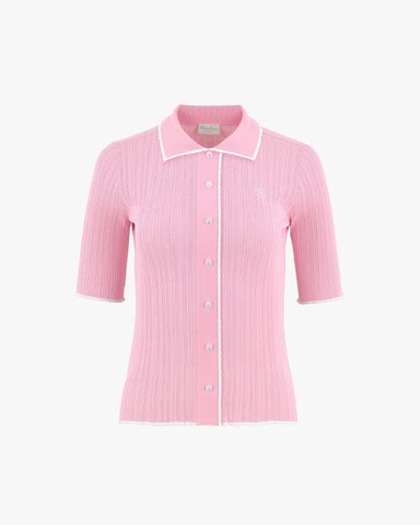 FAIRLIAR WOMEN SCALLOP COLLAR CROPPED SLEEVE KNIT TOP PINK
