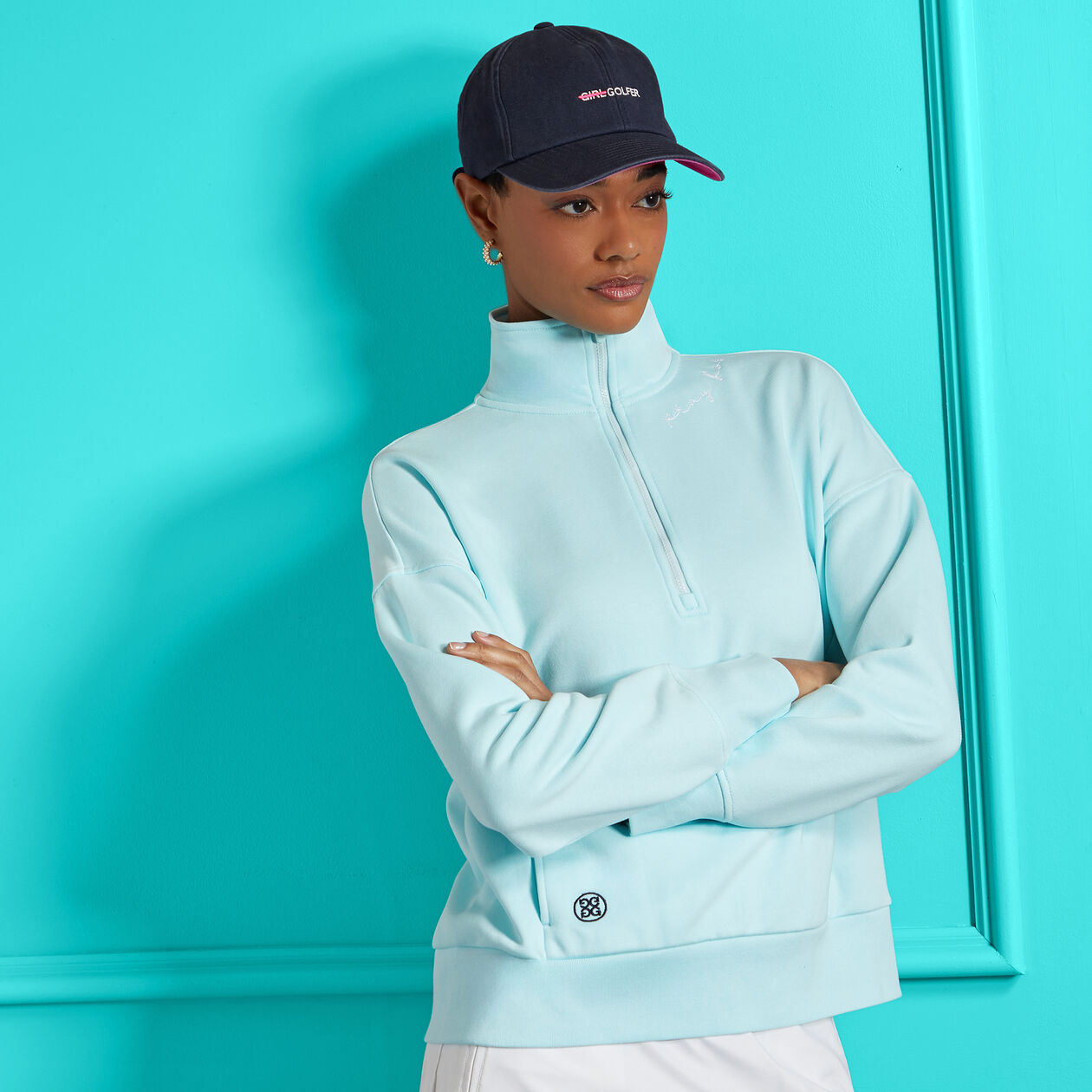 G/FORE WOMEN PRAY FOR BIRDIES FRENCH TERRY QUARTER ZIP BOXY PULLOVER