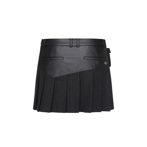 ANEW FW22 WOMEN LEATHER MIX CHECK SQ SKIRT