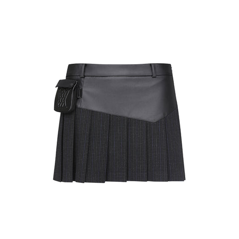 ANEW FW22 WOMEN LEATHER MIX CHECK SQ SKIRT